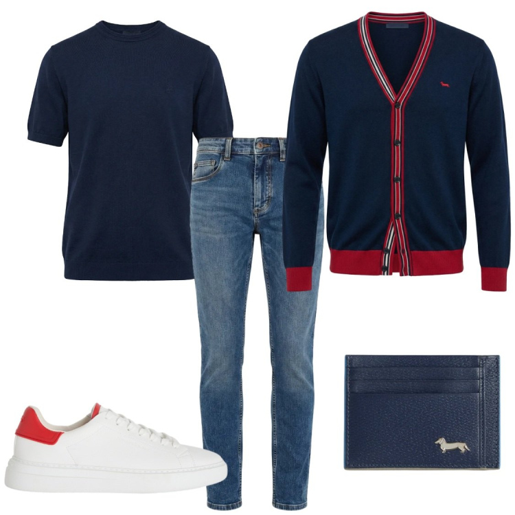 Outfit uomo - ​Navy & Red: Eleganza in barca. Stile Trendy per Tutti i giorni. Abbinamento con cardigans, portafogli, sneakers, jeans slim fit, t-shirt.