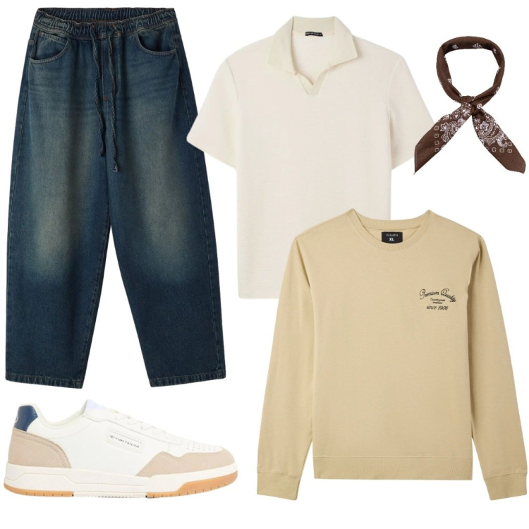 Outfit uomo - #tra.un\'.ora. Stile Urban per Tutti i giorni. Abbinamento con sneakers, felpe, jeans, polo, sciarpe e foulard.