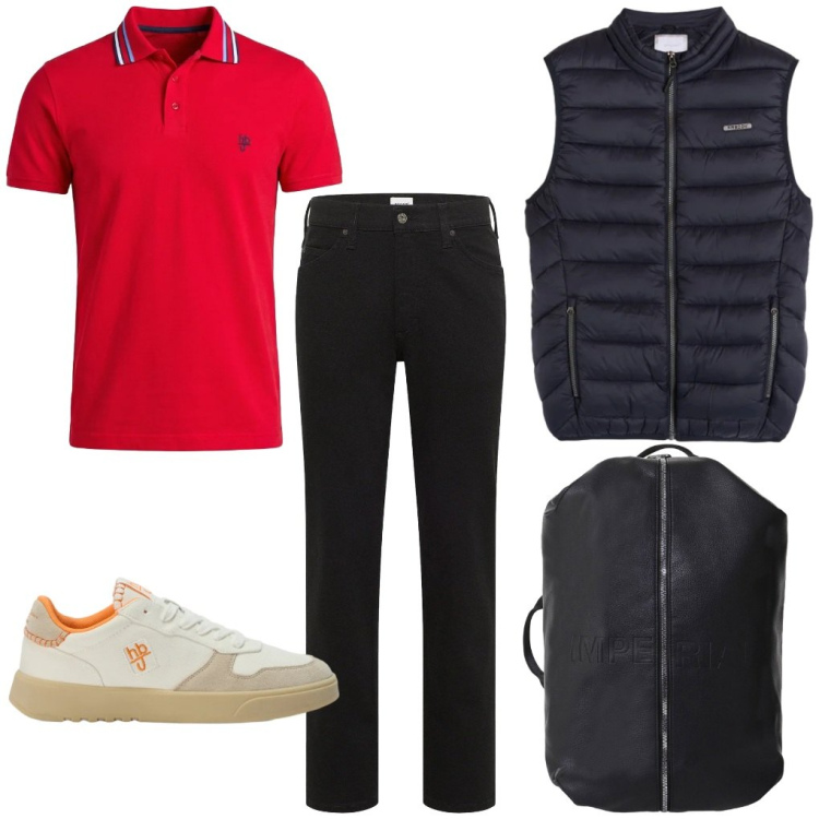 Outfit uomo - #jeans&polo. Stile Casual per Ufficio. Abbinamento con jeans dritti, borse sportive, sneakers, polo, piumini.