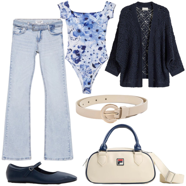 Outfit donna - Jeans chiaro di primavera. Stile Basic per Tutti i giorni. Abbinamento con ballerine, borse a tracolla, cardigans, jeans a zampa, top, cinture.