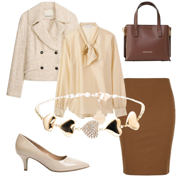 Outfit donna - Total look #2388598. Stile Bon Ton per Ufficio. Abbinamento con blazer, décolleté, bluse, gonne longuette, borse a tracolla, braccialetti.