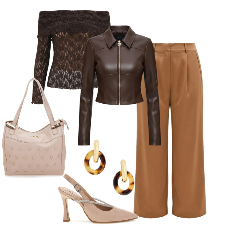 Outfit donna - Rinascimento spring elegance. Stile Chic per Serata fuori. Abbinamento con bluse, giacche, pantaloni a palazzo, orecchini, shopping bag, décolleté.
