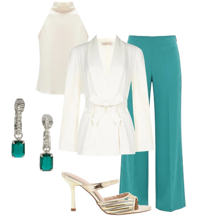 Outfit donna - Rinascimento spring elegance. Stile Chic per Cerimonia. Abbinamento con pantaloni a palazzo, blazer, canottiere, sabot, orecchini.