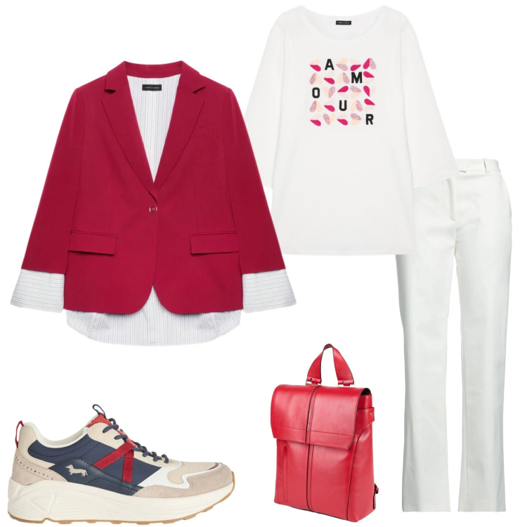 Outfit donna - Sporty chic. Stile Sporty chic per Tutti i giorni. Abbinamento con zaini, pantaloni, t-shirt, blazer, sneakers.