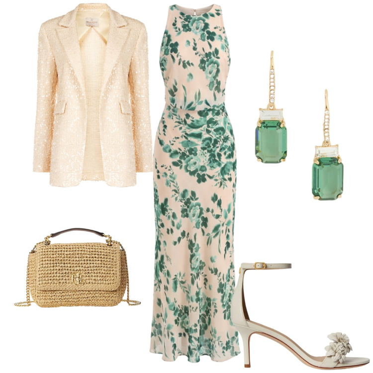 Outfit donna - Rinascimento spring elegance. Stile Chic per Cerimonia. Abbinamento con vestiti lunghi, blazer, borse a spalla, sandali in pelle, orecchini.