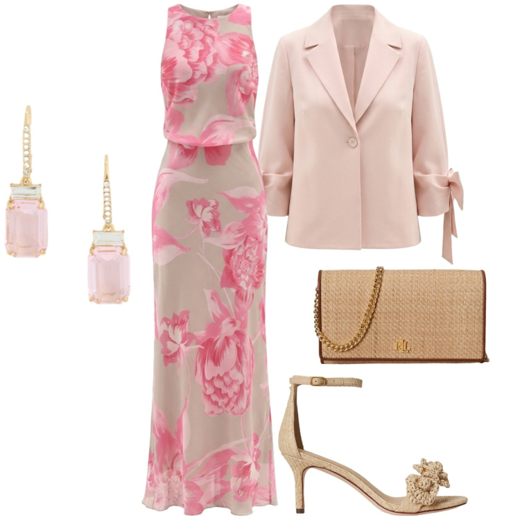 Outfit donna - Rinascimento spring elegance. Stile Bon Ton per Cerimonia. Abbinamento con vestiti lunghi, blazer, sandali in pelle, borse a tracolla, orecchini.