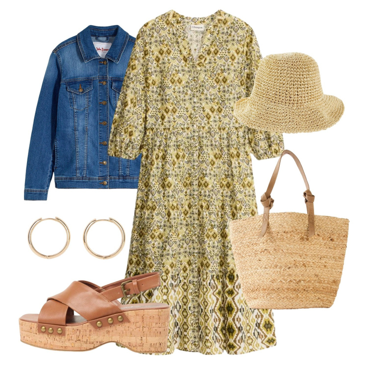 Outfit donna - Boho spring vibes. Stile Boho per Mare. Abbinamento con vestiti midi/longuette, cappelli, blazer, orecchini, shopping bag, zeppe.