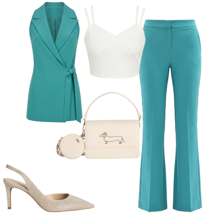 Outfit donna - City. Stile Urban per Tutti i giorni. Abbinamento con décolleté, top, gilet, pantaloni a palazzo, borse a tracolla.