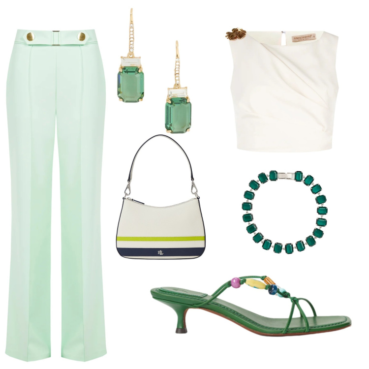 Outfit donna - Verde. Stile Chic Abbinamento con top, pantaloni, braccialetti, orecchini, sandali gioiello, borse a spalla.