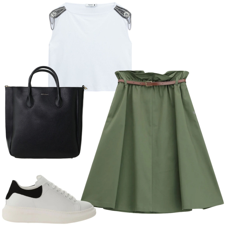 Outfit donna - City. Stile Casual chic per Tutti i giorni. Abbinamento con sneakers, borse a tracolla, gonne longuette, top.