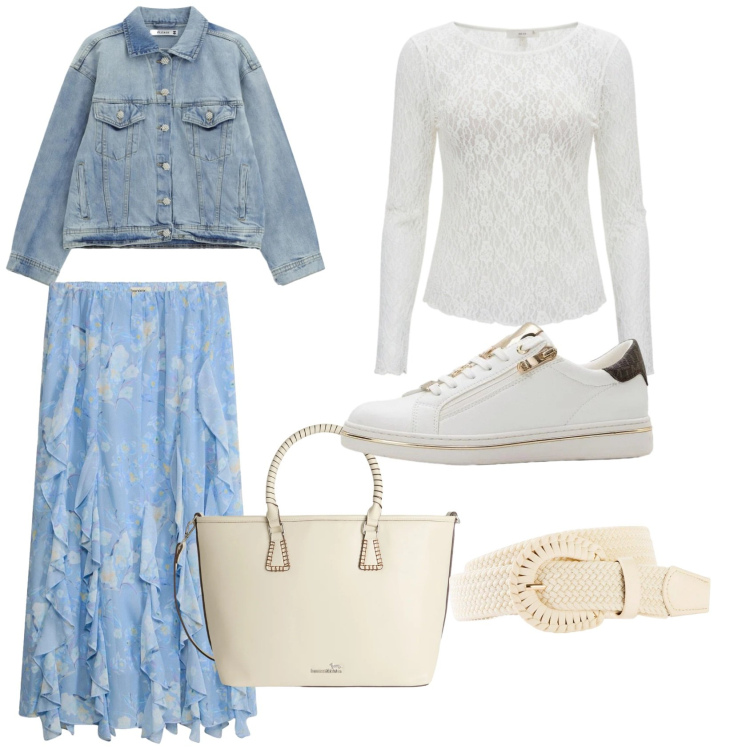 Outfit donna - Total look #2388619. Stile Casual chic per Tutti i giorni. Abbinamento con cinture, sneakers, gonne lunghe, blazer, shopping bag, bluse.