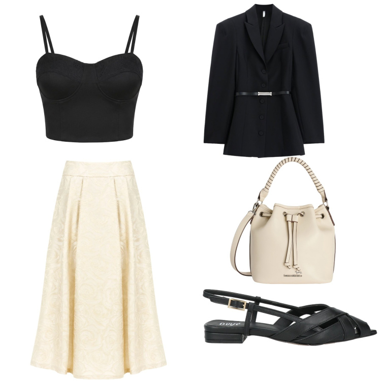 Outfit donna - Colori non colori. Stile Chic Abbinamento con sandali in pelle, borse a secchiello, blazer, gonne longuette, top.