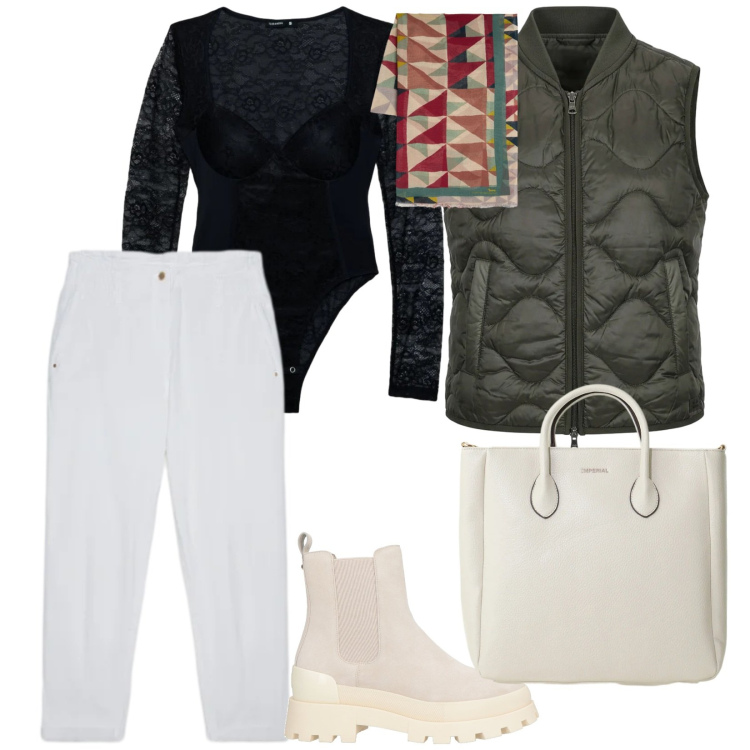 Outfit donna - Body di pizzo. per Tutti i giorni. Abbinamento con stivaletti chelsea, body, borse a tracolla, pantaloni, sciarpe, piumini.