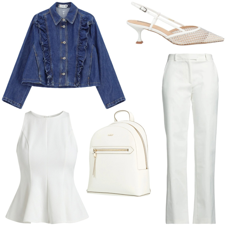 Outfit donna - Fashion style. Stile Glamour per Tutti i giorni. Abbinamento con zaini, décolleté, pantaloni, blazer, canottiere.