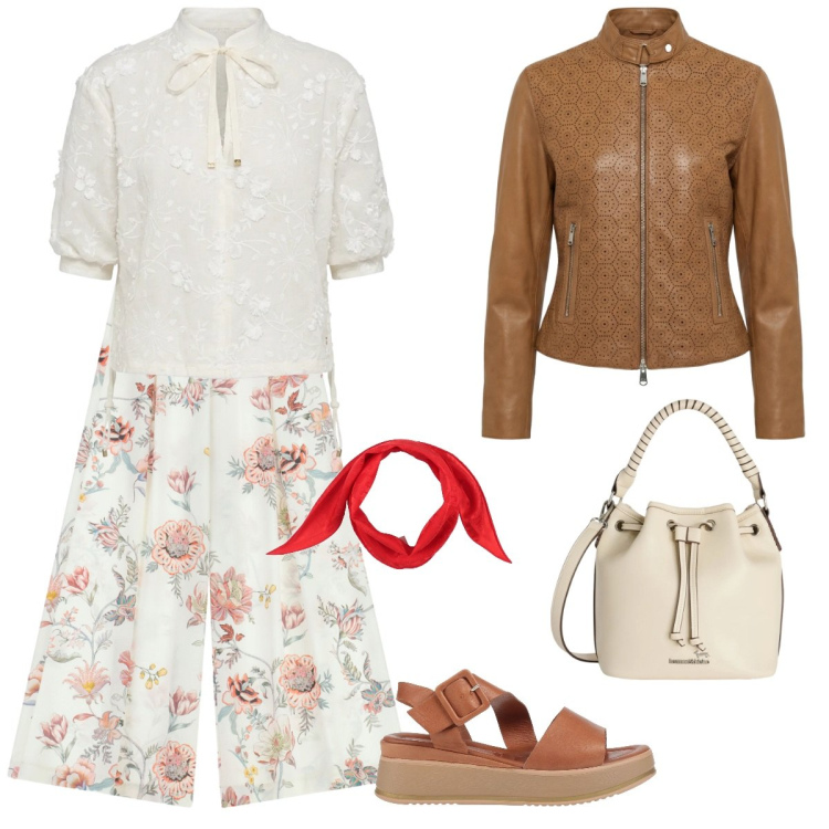 Outfit donna - Soft for spring. Stile Casual chic per Tutti i giorni. Abbinamento con sciarpe, sandali in pelle, pantaloni a palazzo, borse a secchiello, giacche, bluse.