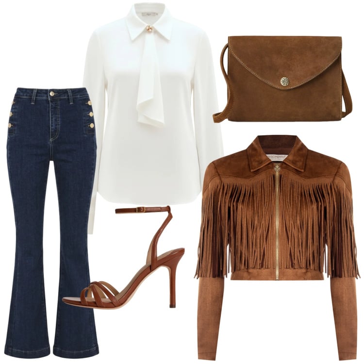 Outfit donna - Primavera con stile. Stile Casual chic per Tutti i giorni. Abbinamento con camicie, giacche, jeans a zampa, borse a tracolla, sandali in pelle.