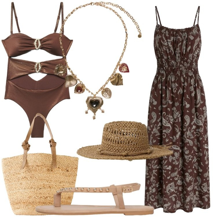 Outfit donna - Un assaggio di mare. Stile Etnico per Mare. Abbinamento con shopping bag, vestiti lunghi, ciabatte, costumi interi, cappelli, collane.