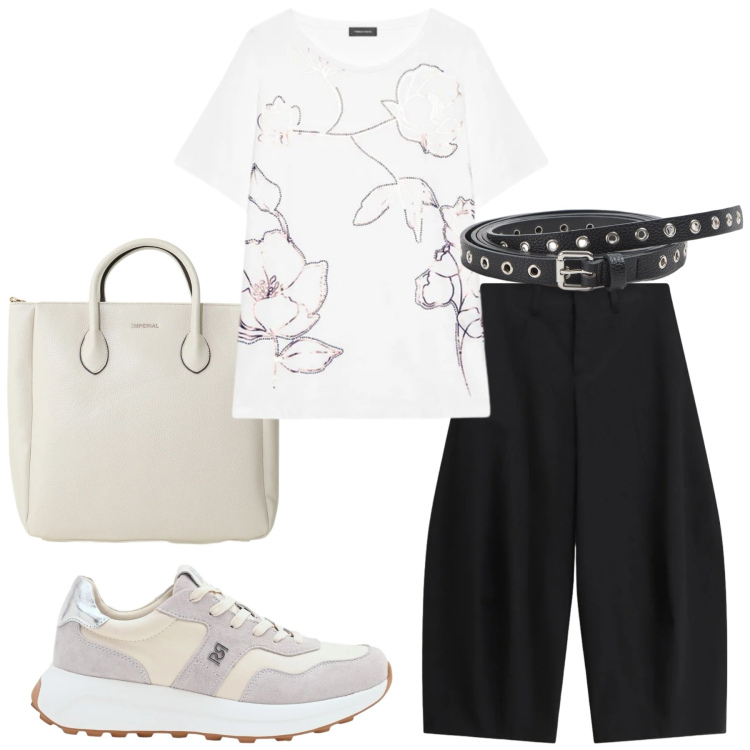 Outfit donna - Total look #2388632. Stile Casual chic per Ufficio. Abbinamento con cinture, borse a tracolla, sneakers, t-shirt, pantaloni a palazzo.