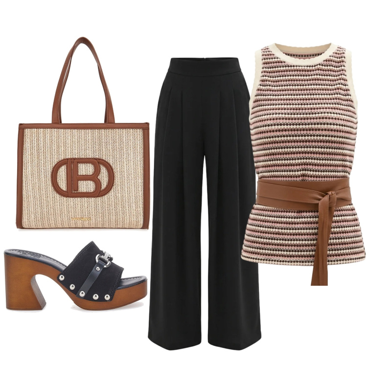 Outfit donna - Casual chic. Stile Casual chic per Tutti i giorni. Abbinamento con canottiere, pantaloni a palazzo, zoccoli, borse a spalla.