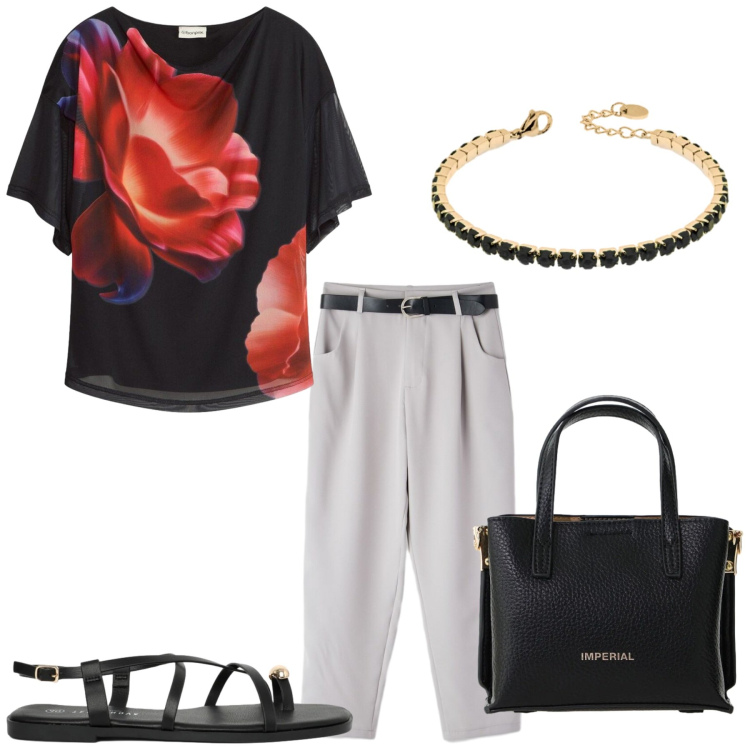 Outfit donna - Total look #2388634. Stile Romantica per Ufficio. Abbinamento con bluse, sandali, pantaloni, borse a tracolla, braccialetti.