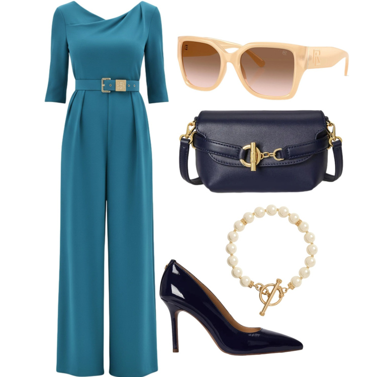Outfit donna - Cerimonia in verde ottanio. Stile Chic per Cerimonia. Abbinamento con tute, borse a tracolla, occhiali da sole, décolleté, collane.