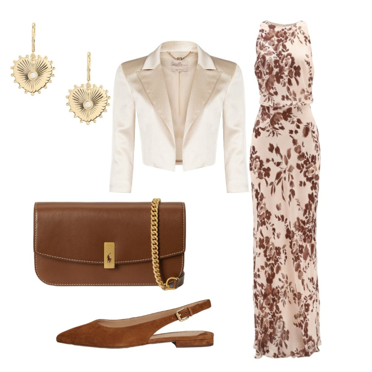 Outfit donna - Femminilità in risalto. Stile Glamour per Serata fuori. Abbinamento con bolero, vestiti lunghi, clutch, orecchini, ballerine.
