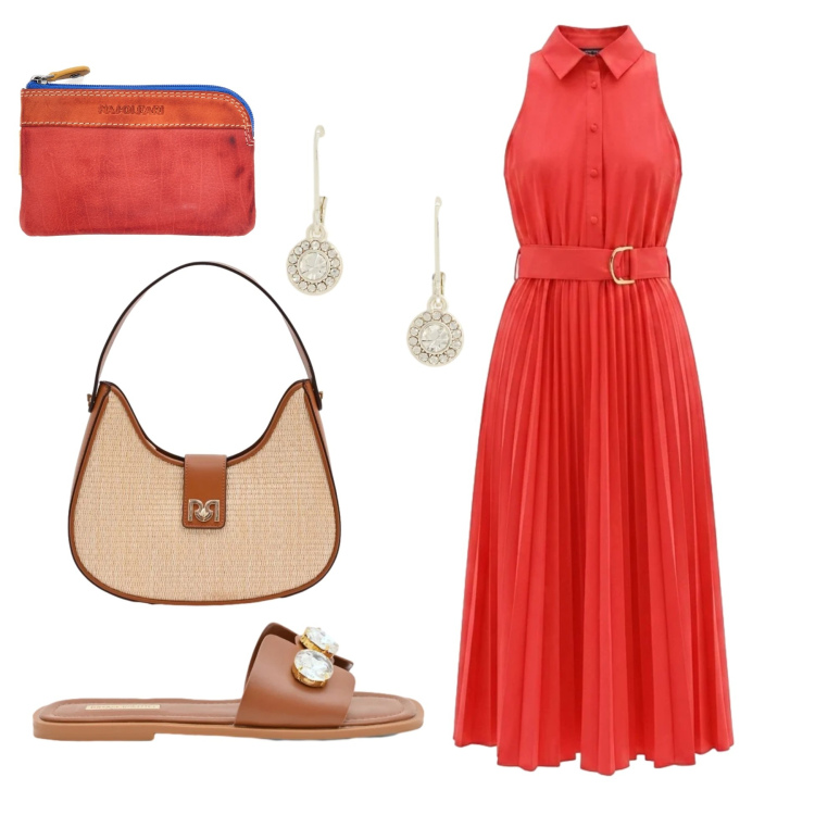 Outfit donna - Chemisier rosso. Stile Bon Ton per Serata fuori. Abbinamento con borse a spalla, sandali gioiello, vestiti chemisier, orecchini, portachiavi.
