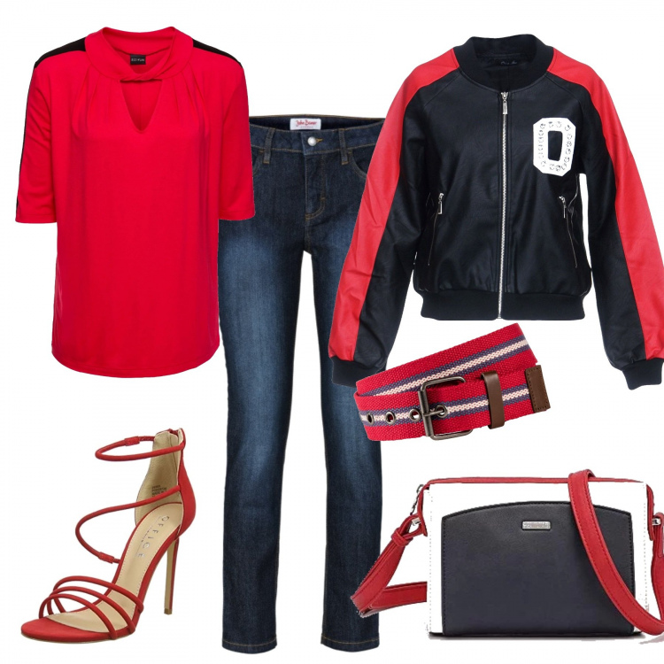 Outfit donna - Bomberino e tacchi alti. Stile Trendy per Tutti i giorni. Abbinamento con jeans slim fit, maglia, cintura rosso, giubbotto con strass contrasto a maniche lunghe con zip interno foderato in pelle sintetica jersey, borsa a tracolla bianco, scarpe con cinturino rosso.