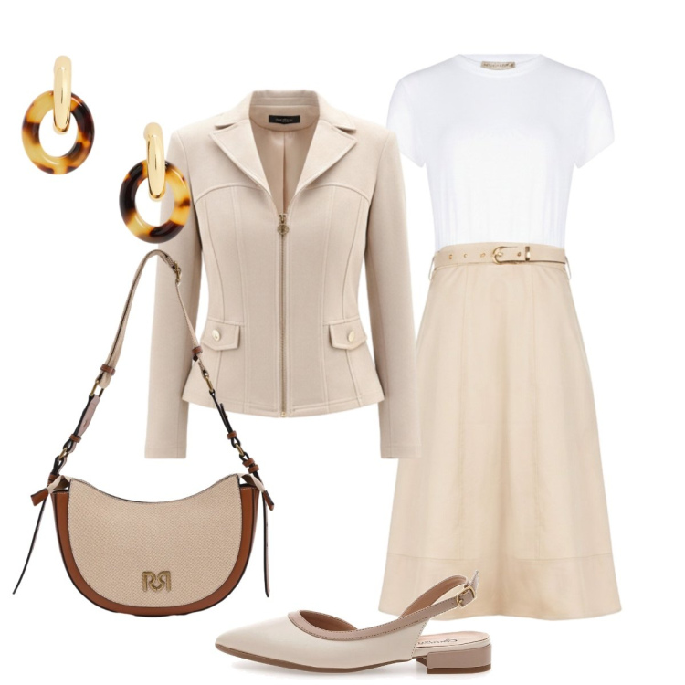 Outfit donna - In ufficio. Stile Minimal per Ufficio. Abbinamento con vestiti midi/longuette, blazer, borse a tracolla, orecchini, ballerine.