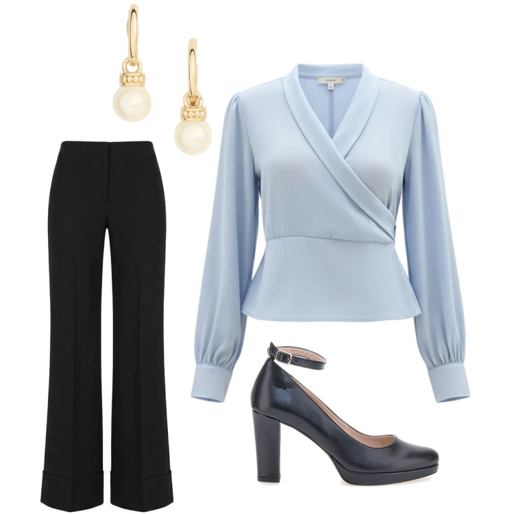 Outfit donna - Blusa celeste. Stile Bon Ton per Ufficio. Abbinamento con bluse, pantaloni, orecchini, décolleté.