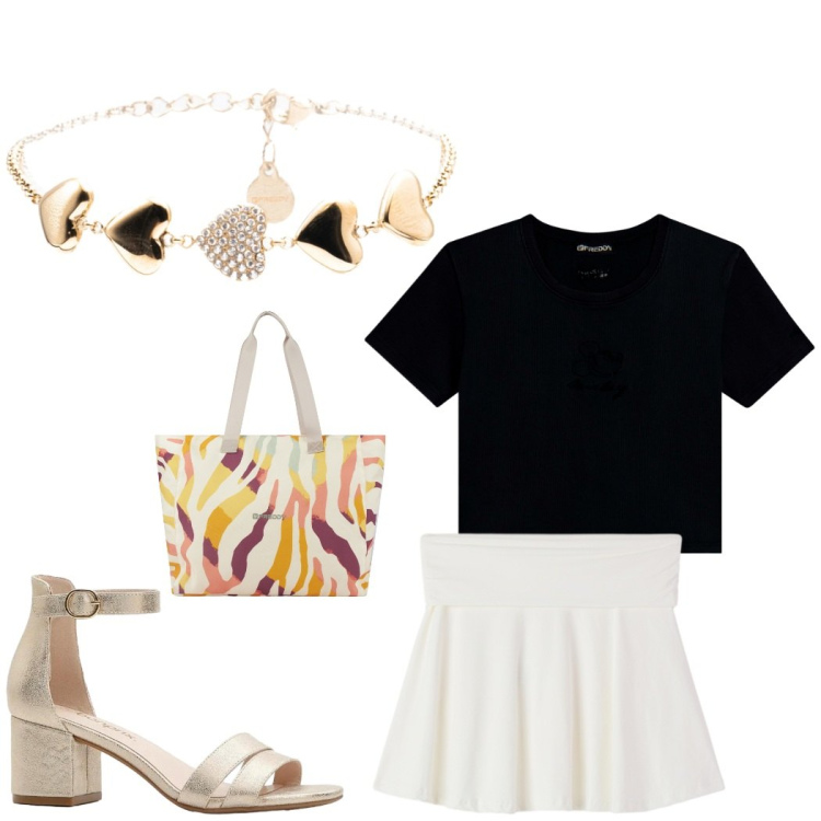 Outfit donna - Outfit estivo per il mare. Stile Casual per Mare. Abbinamento con sandali col tacco, minigonne, t-shirt, shopping bag, braccialetti.