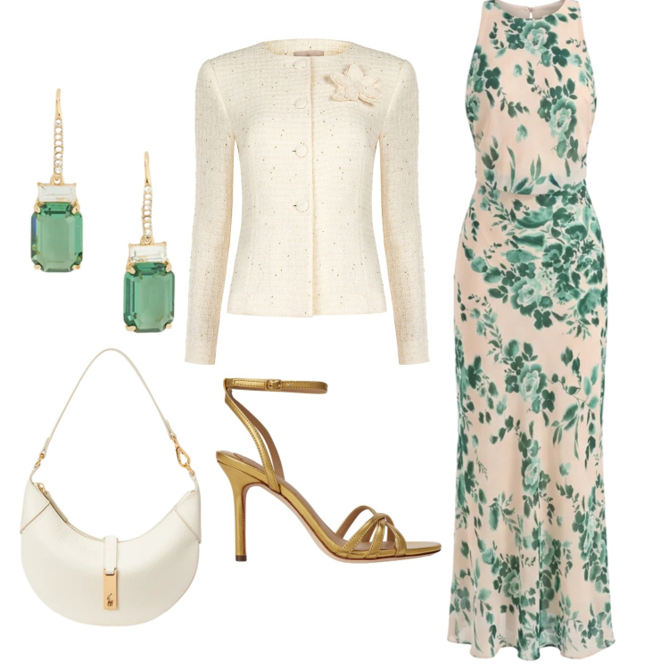 Outfit donna - Abito fantasia floreale verde. Stile Bon Ton per Cerimonia. Abbinamento con blazer, vestiti lunghi, sandali in pelle, borse a spalla, orecchini.