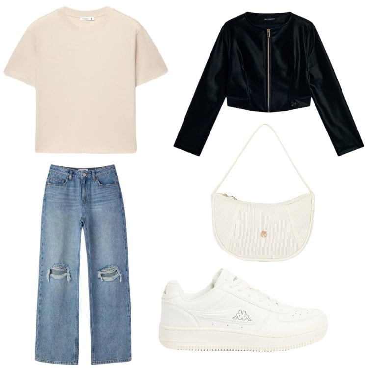 Outfit donna - Total look #2388659. Stile Casual per Tutti i giorni. Abbinamento con sneakers, jeans strappati, t-shirt, blazer, borse a mano.