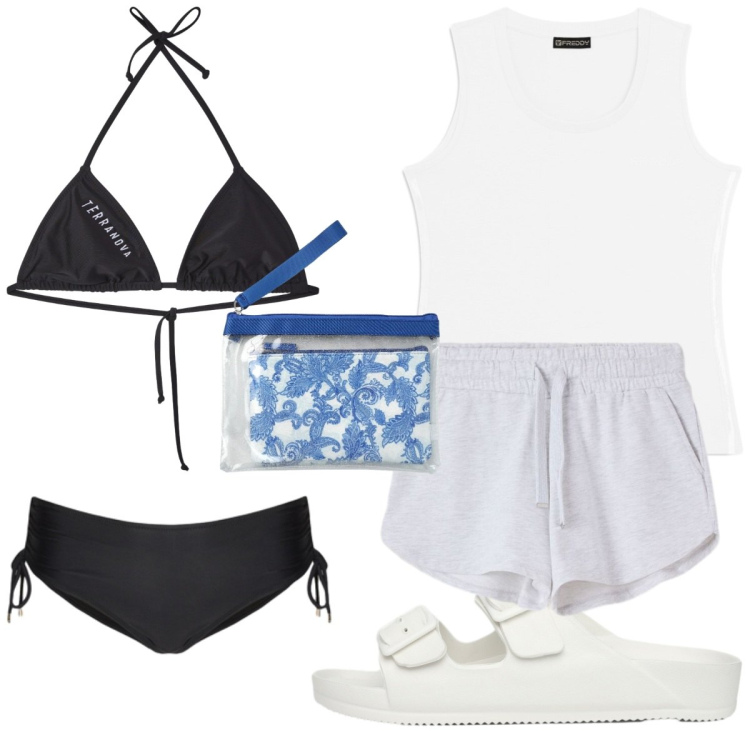 Outfit donna - Total look #2388661. Stile Casual per Mare. Abbinamento con bikini, ciabatte, shorts, pochette, bikini, canottiere.