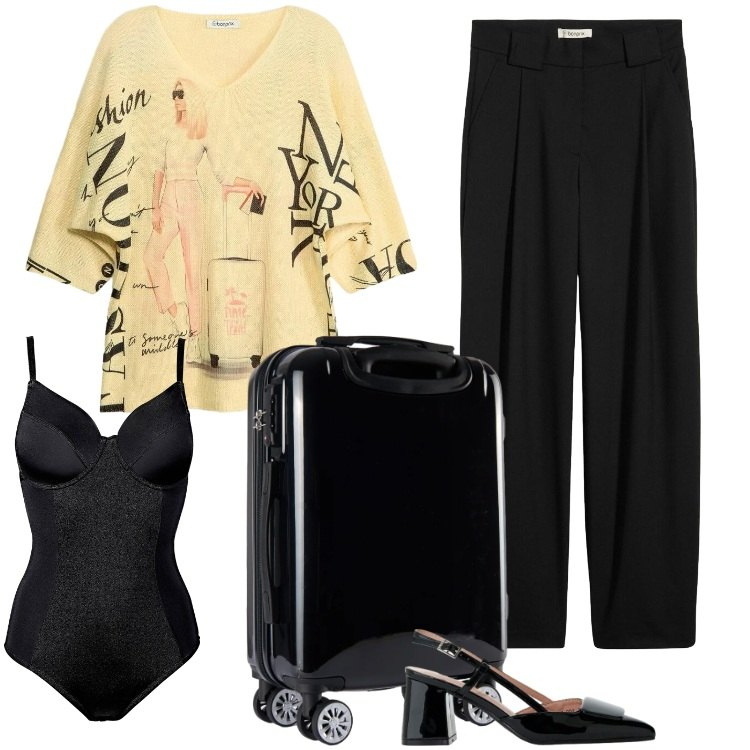 Outfit donna - Total look #2388663. Stile Vintage retrò per Serata fuori. Abbinamento con body, pantaloni, maglieria, décolleté, valigie.