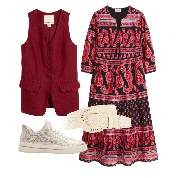 Outfit donna - Aprile. Stile Boho per Tutti i giorni. Abbinamento con vestiti midi/longuette, gilet, sneakers, cinture.