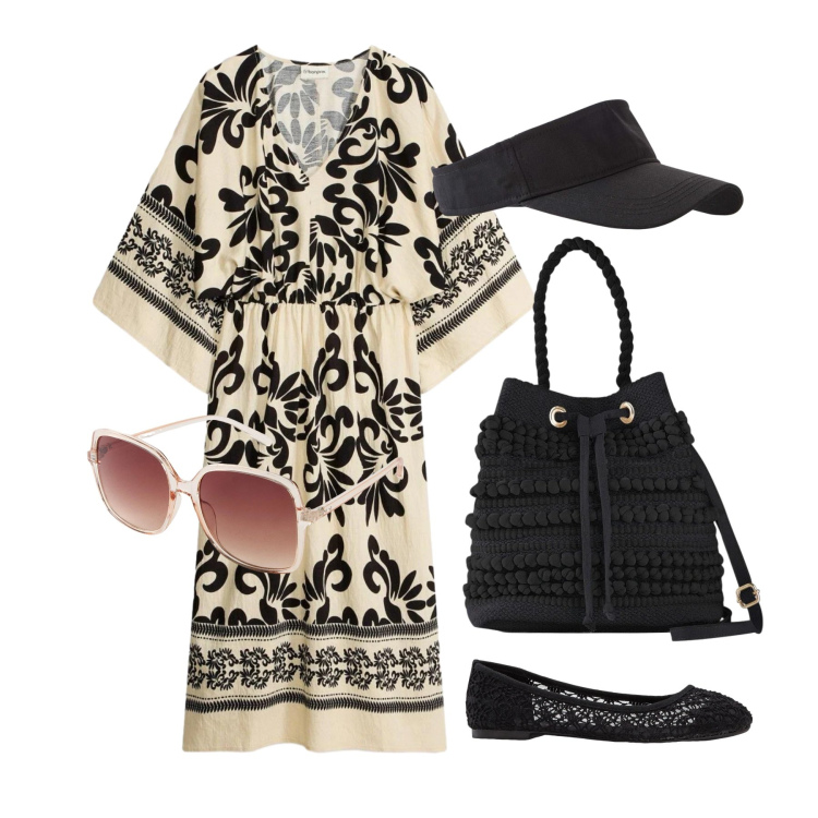 Outfit donna - Aprile. Stile Boho per Tutti i giorni. Abbinamento con vestiti midi/longuette, borse a secchiello, cappelli con visiera, ballerine, occhiali da sole.