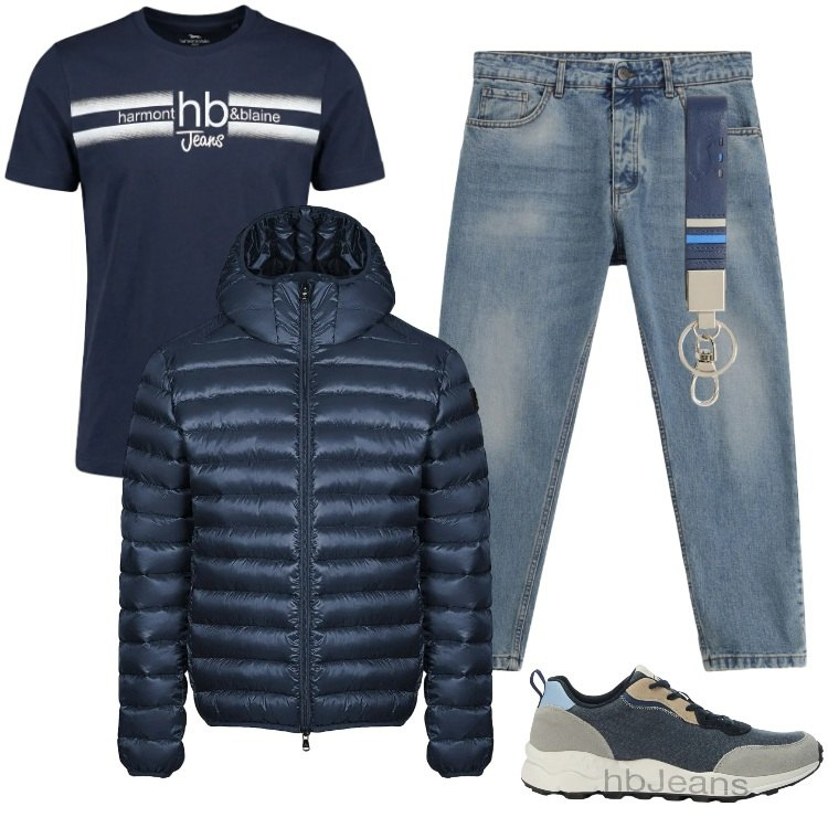 Outfit uomo - Total look #2388666. Stile Trendy per Tutti i giorni. Abbinamento con jeans, portachiavi, t-shirt, sneakers, bomber.