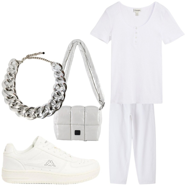 Outfit donna - Outfit bianco. Stile Basic per Tutti i giorni. Abbinamento con sneakers, maglieria, pantaloni, collane, borse a spalla.