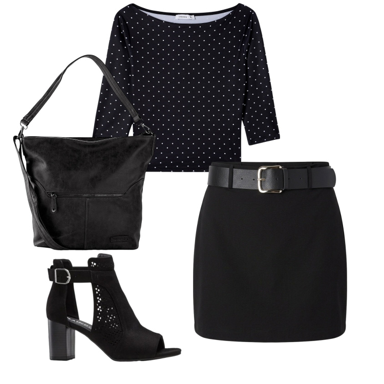 Outfit donna - Total look #2388671. Stile Bon Ton per Ufficio. Abbinamento con borse a spalla, sandali col tacco, t-shirt, minigonne.