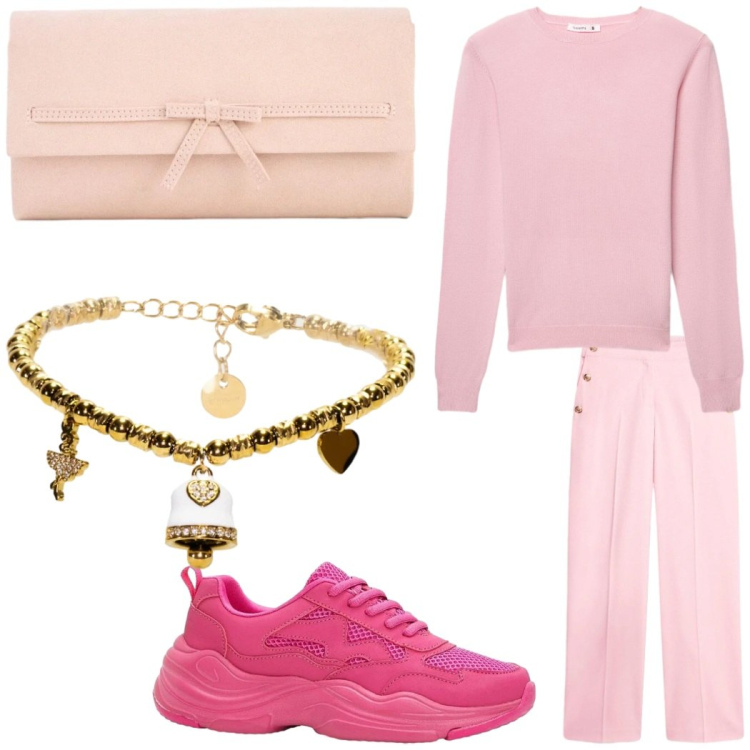Outfit donna - Look rosa. Stile Basic per Tutti i giorni. Abbinamento con pochette, sneakers, pantaloni, maglieria, braccialetti.
