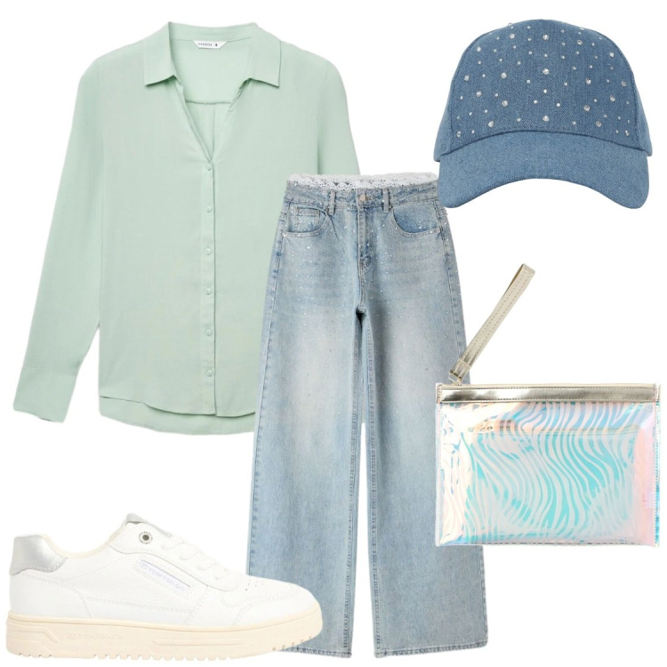 Outfit donna - ​Riflessi di Menta e Jeans Stellati. Stile Casual per Tutti i giorni. Abbinamento con sneakers, cappelli, camicie, pochette, jeans.