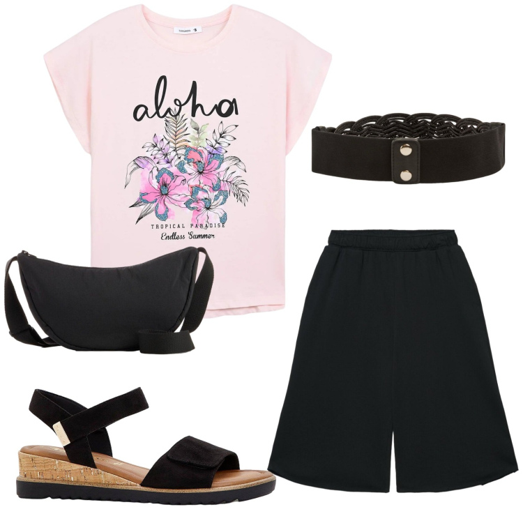Outfit donna - Total look #2388676. Stile Basic per Ufficio. Abbinamento con sandali, borse a tracolla, t-shirt, pantaloni corti, cinture.