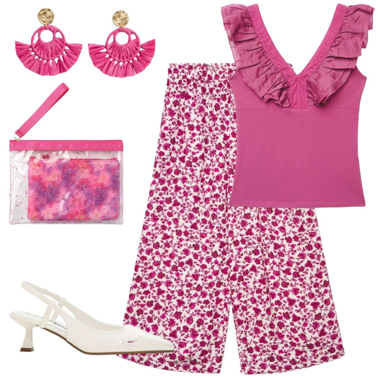 Outfit donna - Ruffles e Fiori in Libertà. Stile Chic per Ufficio. Abbinamento con décolleté, orecchini, top, pochette, pantaloni a palazzo.