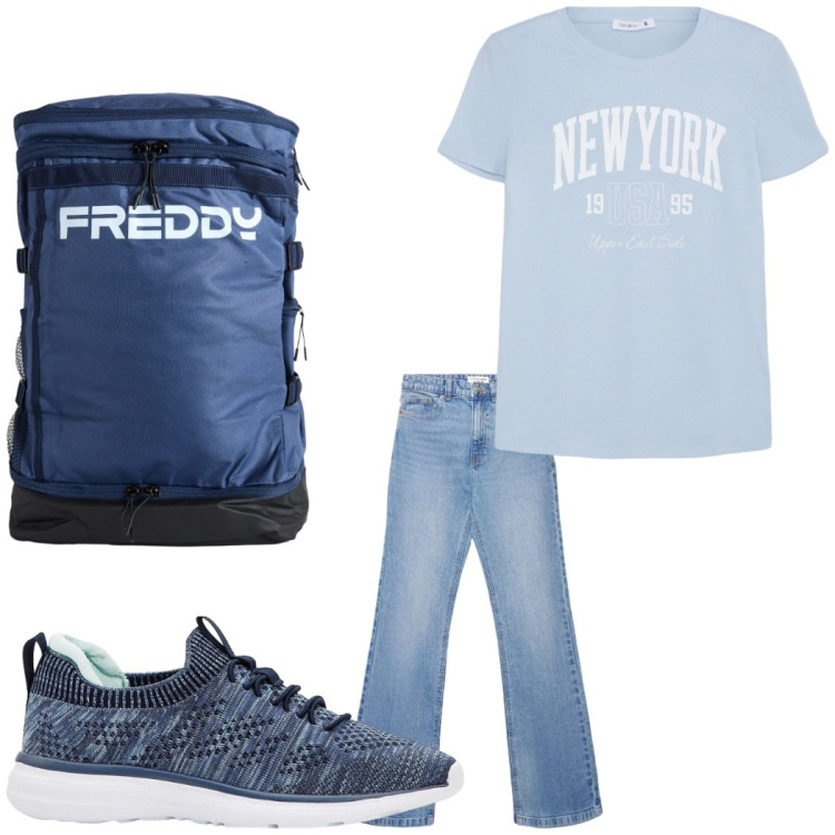 Outfit donna - Outfit wuotidiano. Stile Basic per Tutti i giorni. Abbinamento con sneakers, jeans bootcut, t-shirt, zaini.