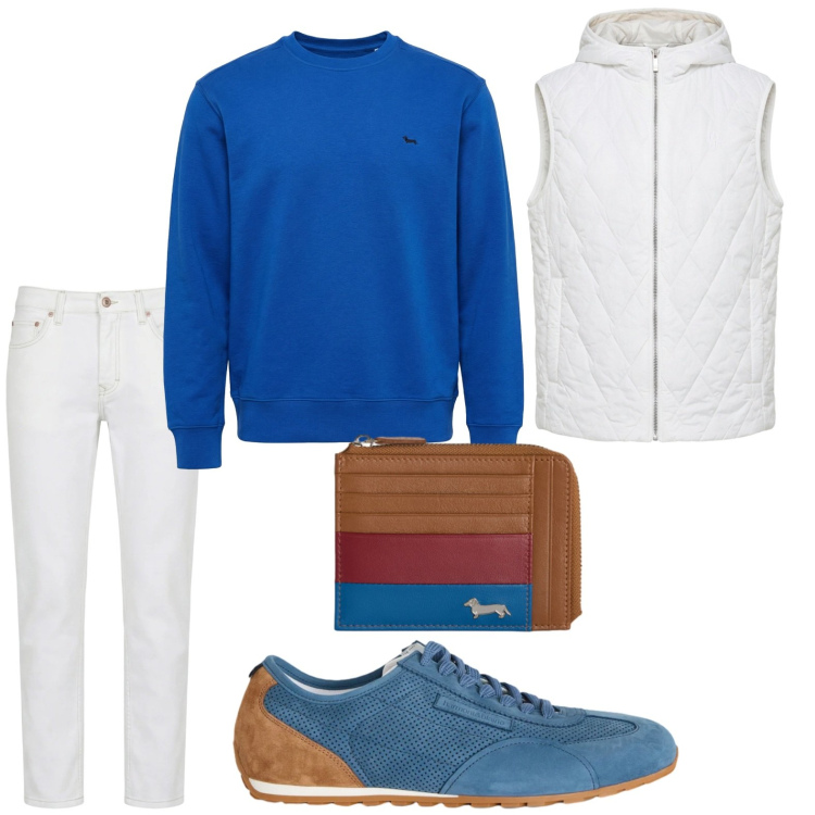 Outfit uomo - Il pull sky. Stile Casual per Tutti i giorni. Abbinamento con portamonete, jeans, felpe, piumini, sneakers.