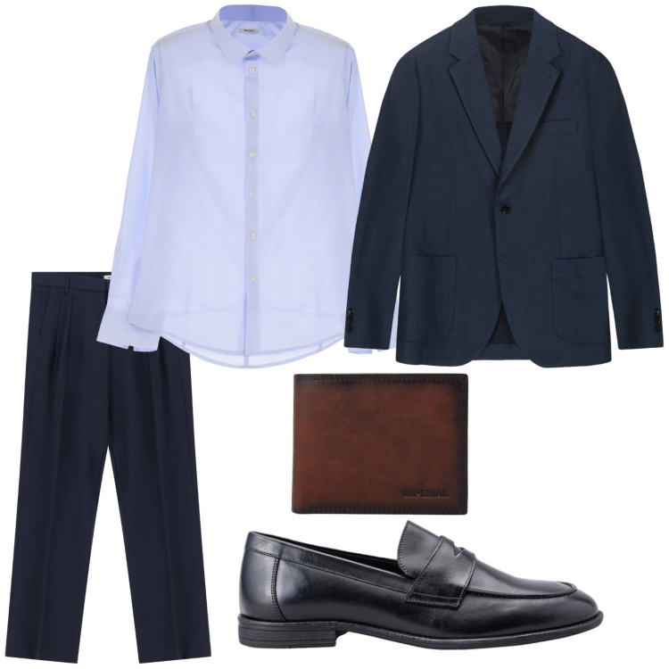 Outfit uomo - Eleganza primaverile. Stile Casual per Tutti i giorni. Abbinamento con camicie, pantaloni, portafogli, giacche, scarpe stringate.