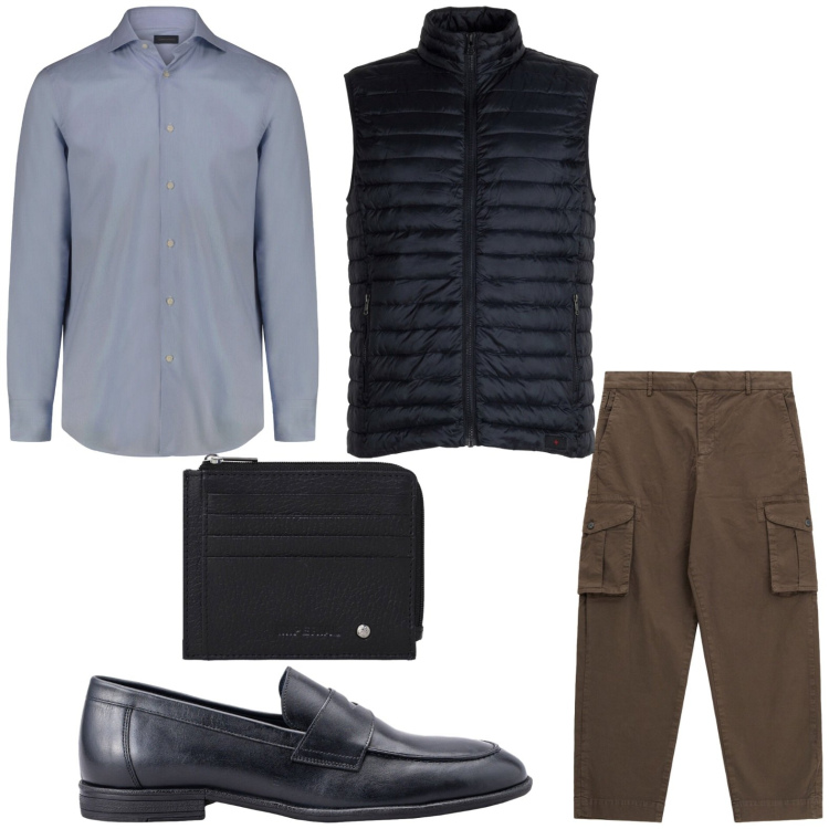 Outfit uomo - Casual day. Stile Trendy per Tutti i giorni. Abbinamento con pantaloni cargo, portafogli, piumini, camicie, scarpe stringate.