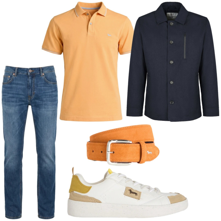 Outfit uomo - Accessori colorati. Stile Trendy per Tutti i giorni. Abbinamento con sneakers, cinture, jeans, polo, piumini.