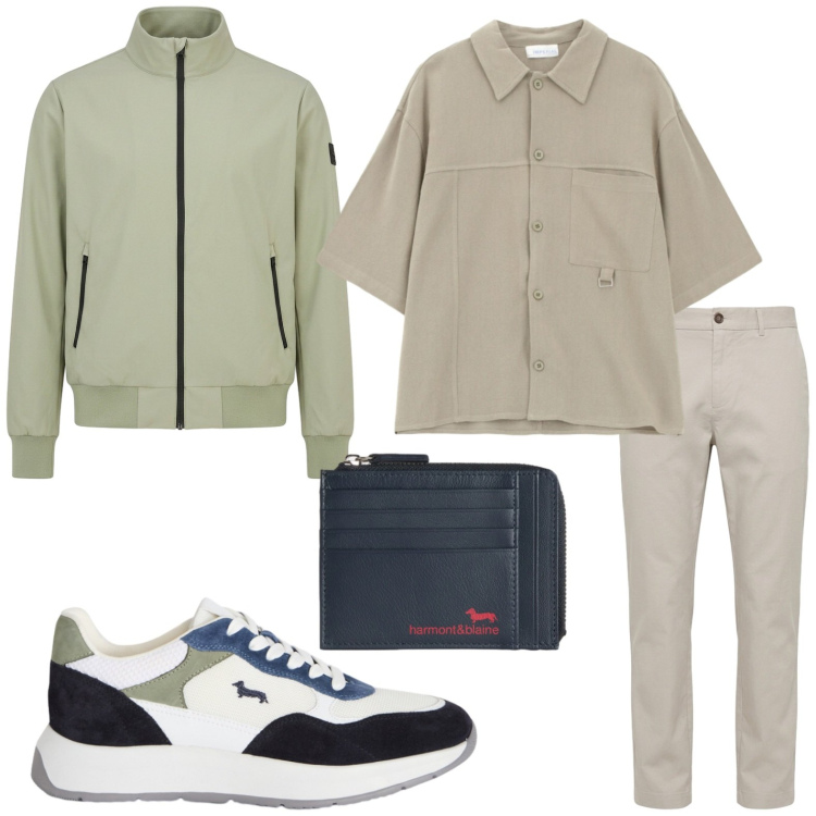 Outfit uomo - Sneakers inconfondibili. Stile Casual per Tutti i giorni. Abbinamento con camicie a manica corta, sneakers, portamonete, pantaloni, bomber.